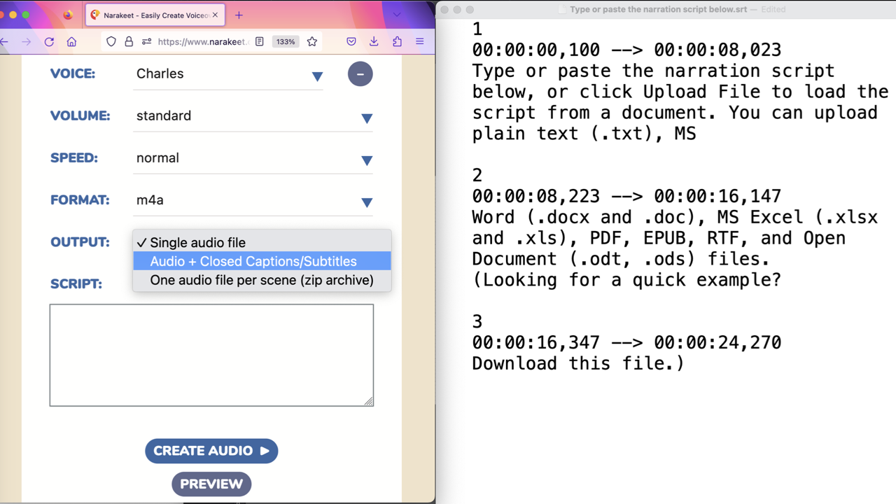 Make closed captions and subtitles for text to speech audio