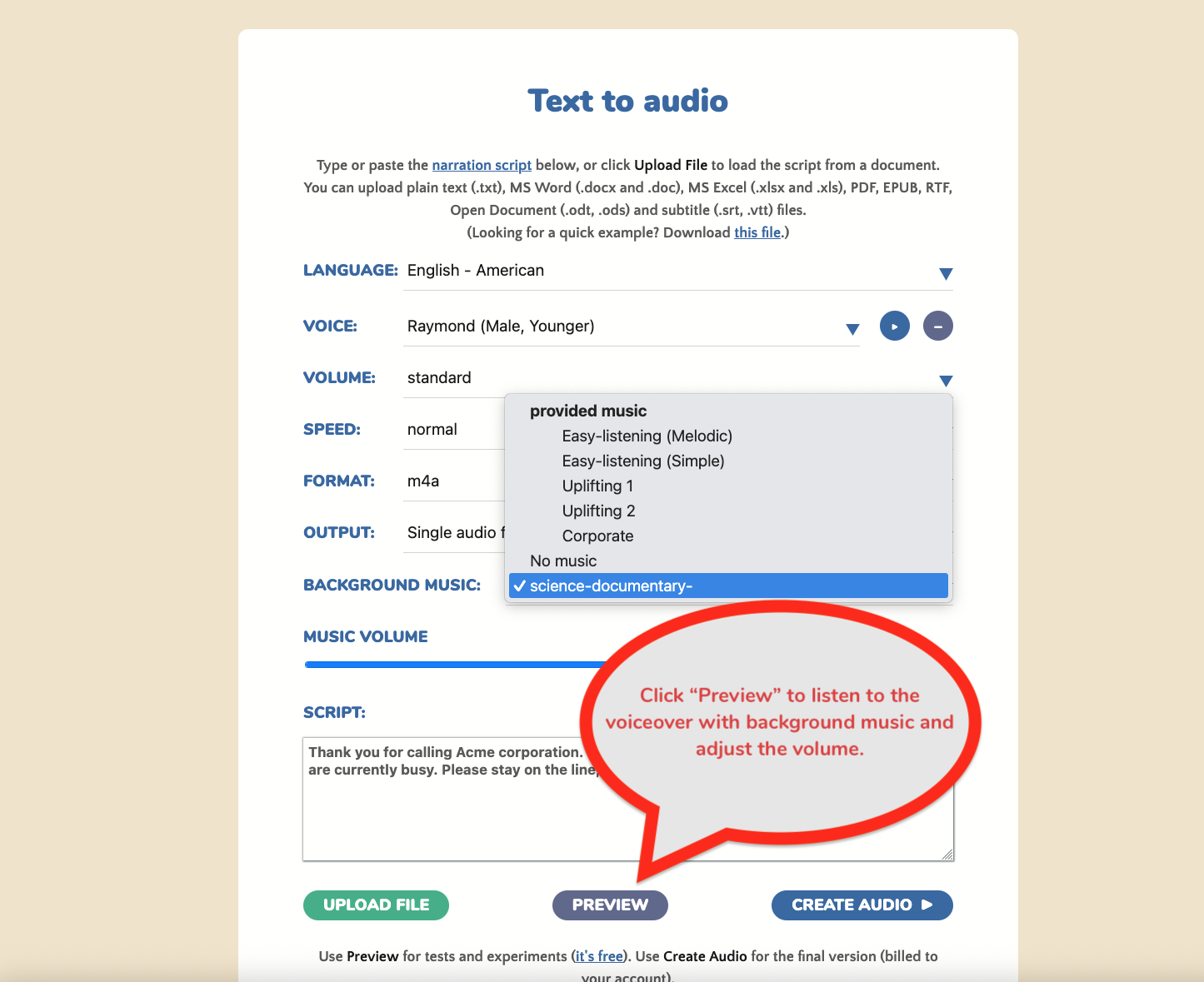 Test the volume levels using previews Test the volume levels using previews