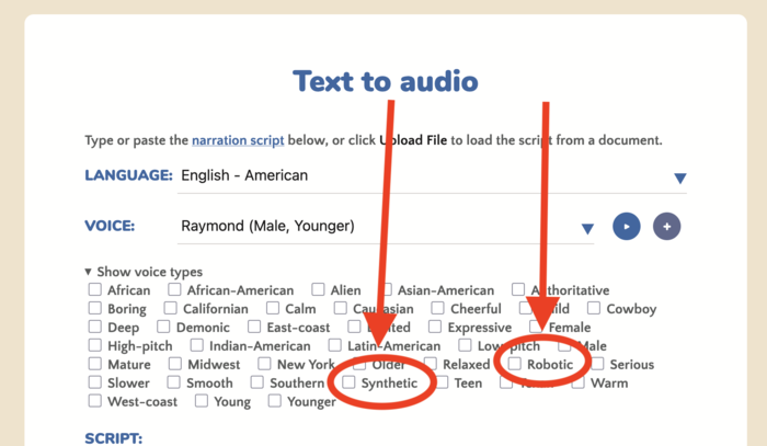 Click the Robotic or Synthetic checkbox to show only matching voices Click the Robotic or Synthetic checkbox to show only matching voices
